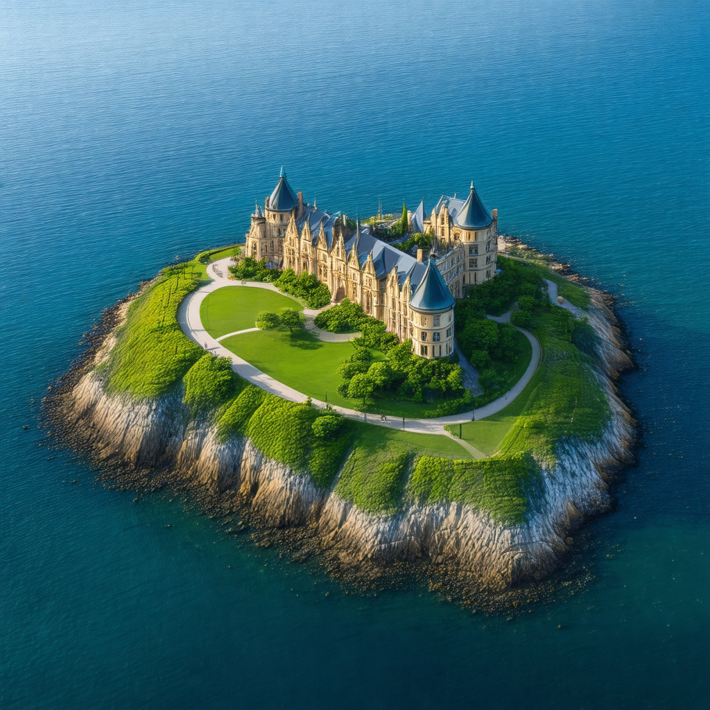 Large, beautiful castle situated on a small island in the...