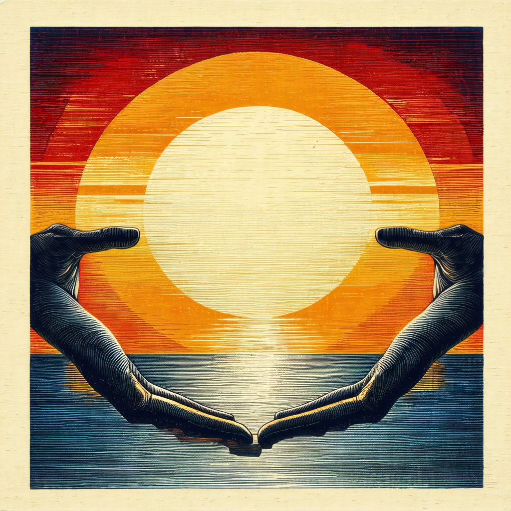 Painting of a person's hands holding a sun