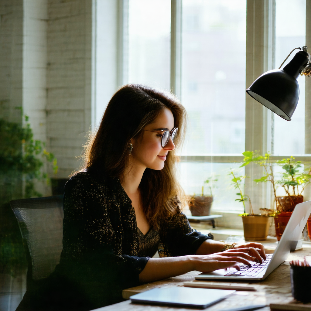 Woman sitting at a desk, working on a laptop computer