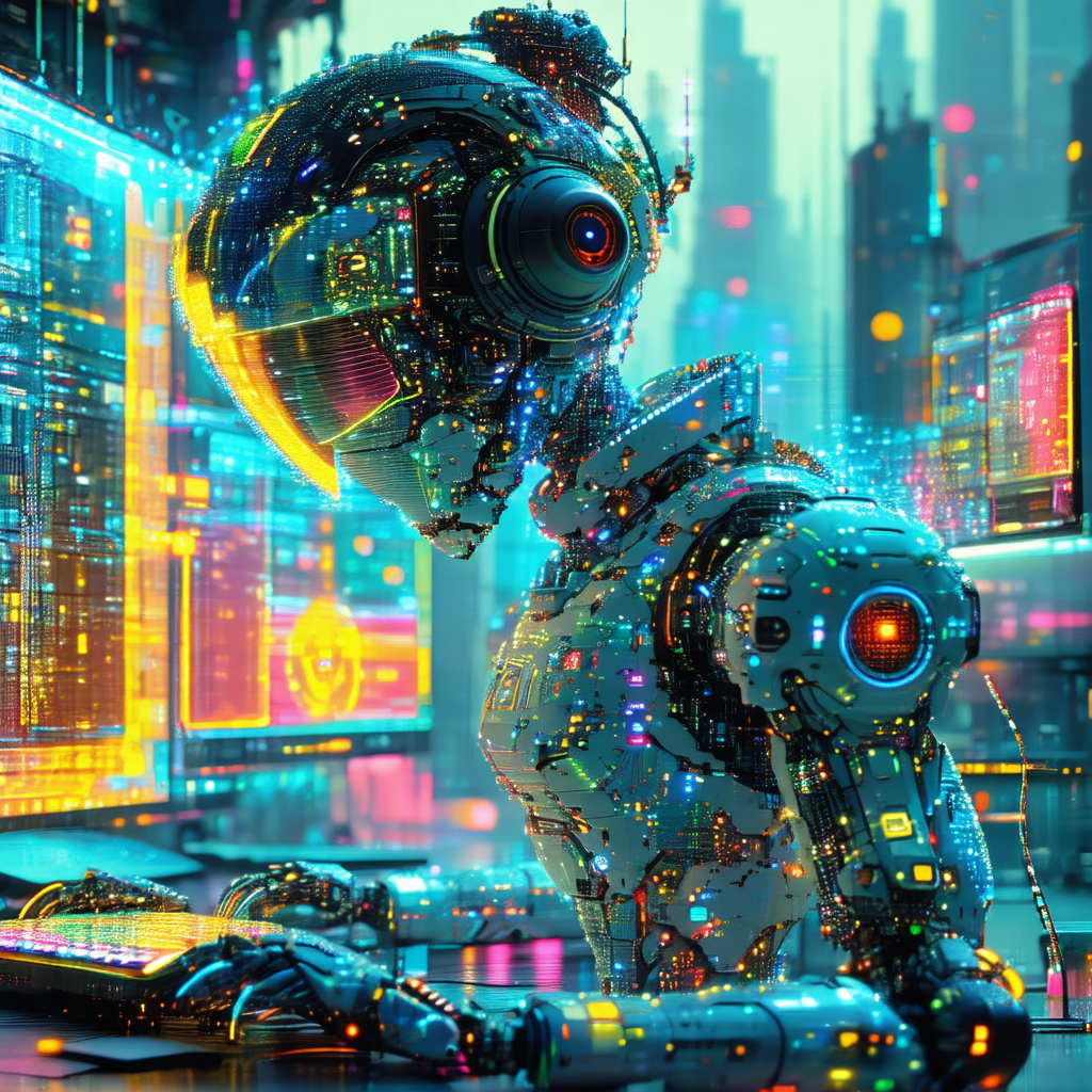Futuristic robot with a human-like head, sitting at a des...