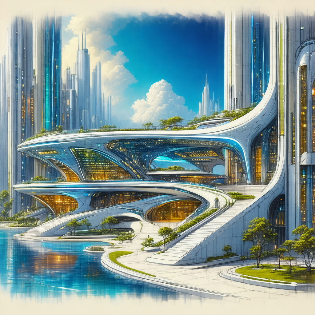 Painting of a futuristic city with a large building in th...
