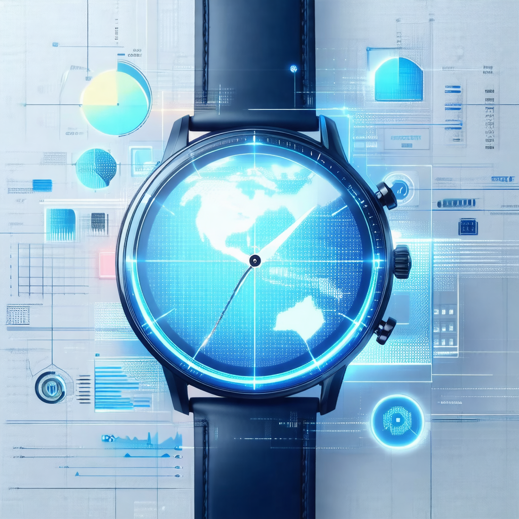Close-up of a watch with a blue face and a black band