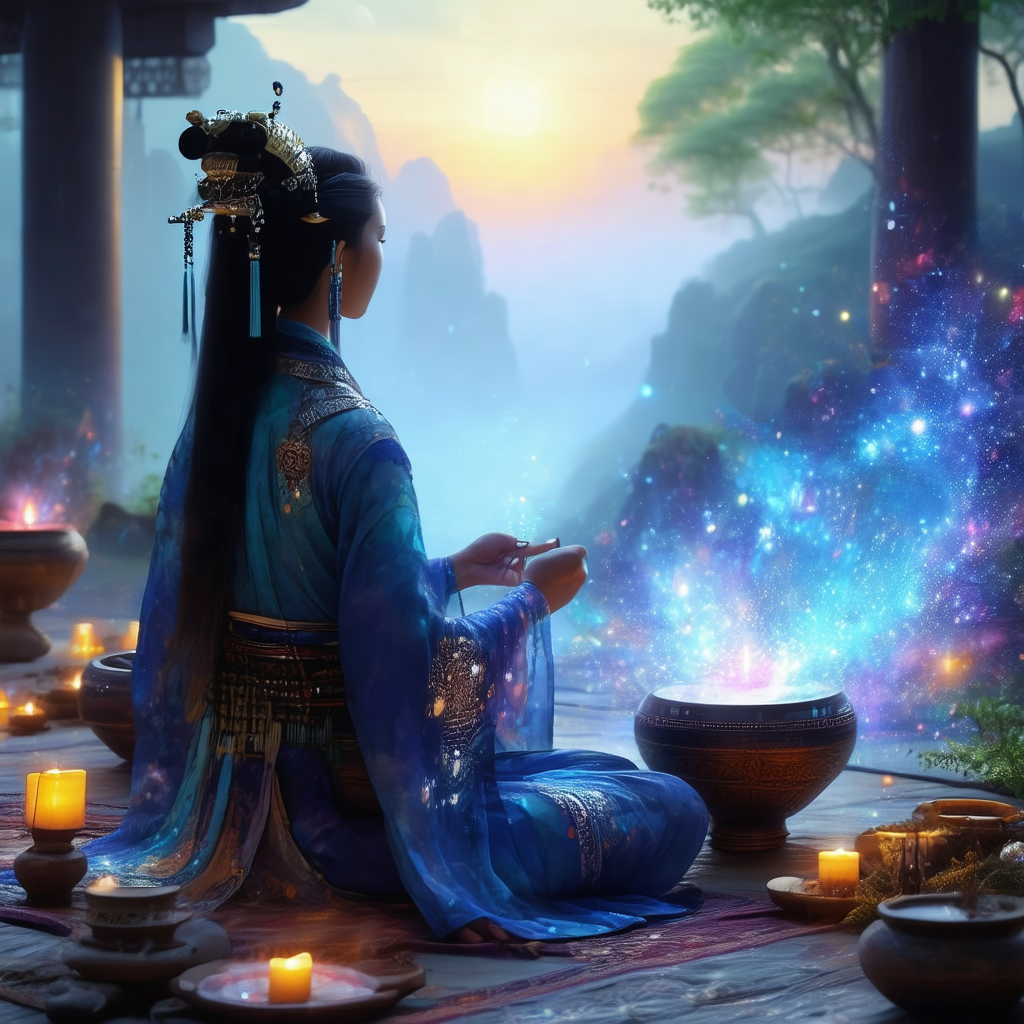 Woman sitting on the ground, wearing a blue dress and a h...