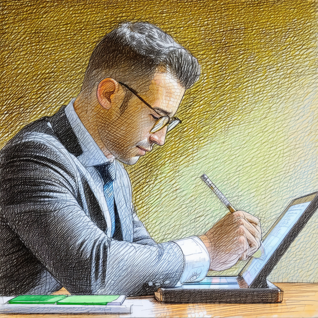 Drawing of a man wearing a suit and tie, sitting at a des...