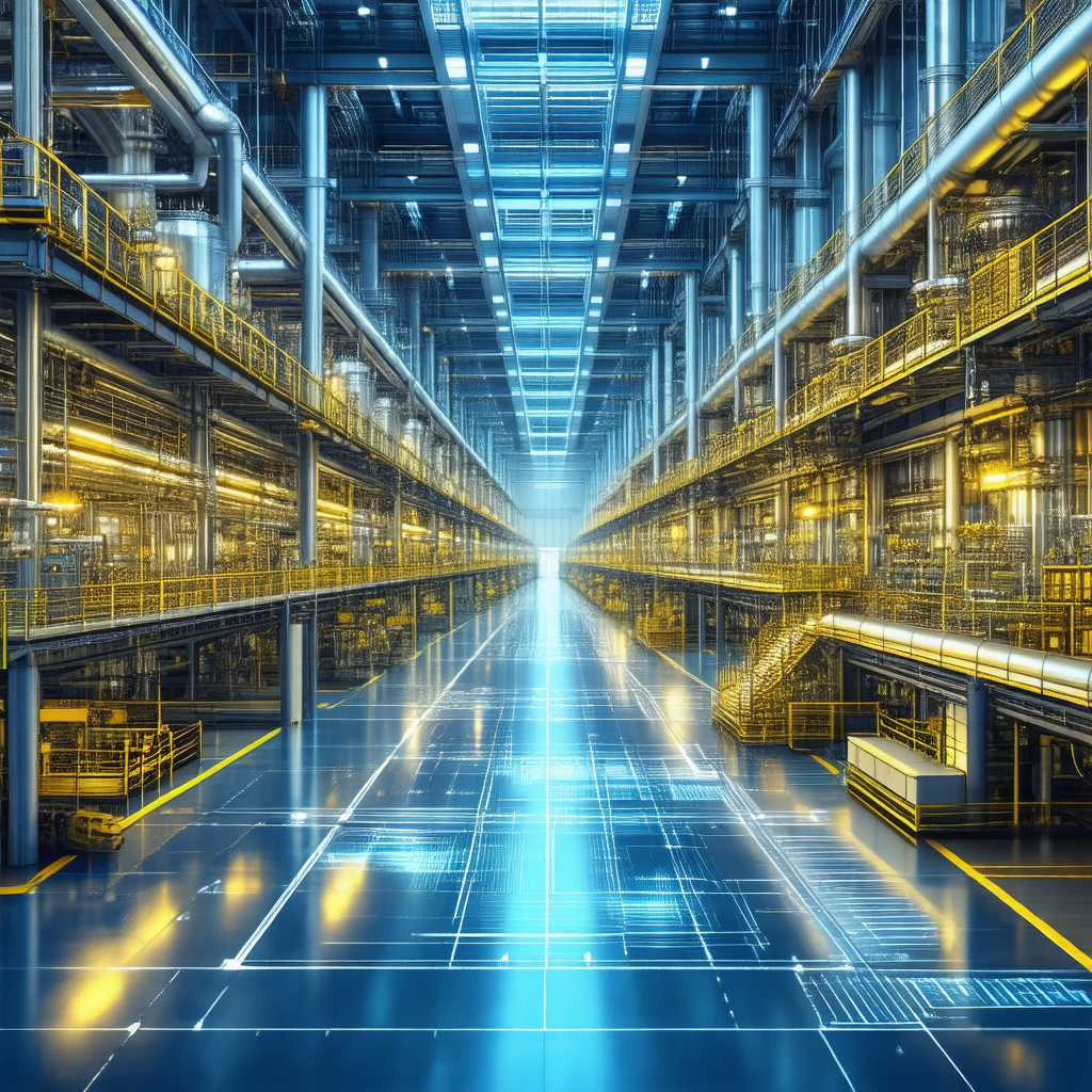 Blue and yellow computer-generated image of a factory