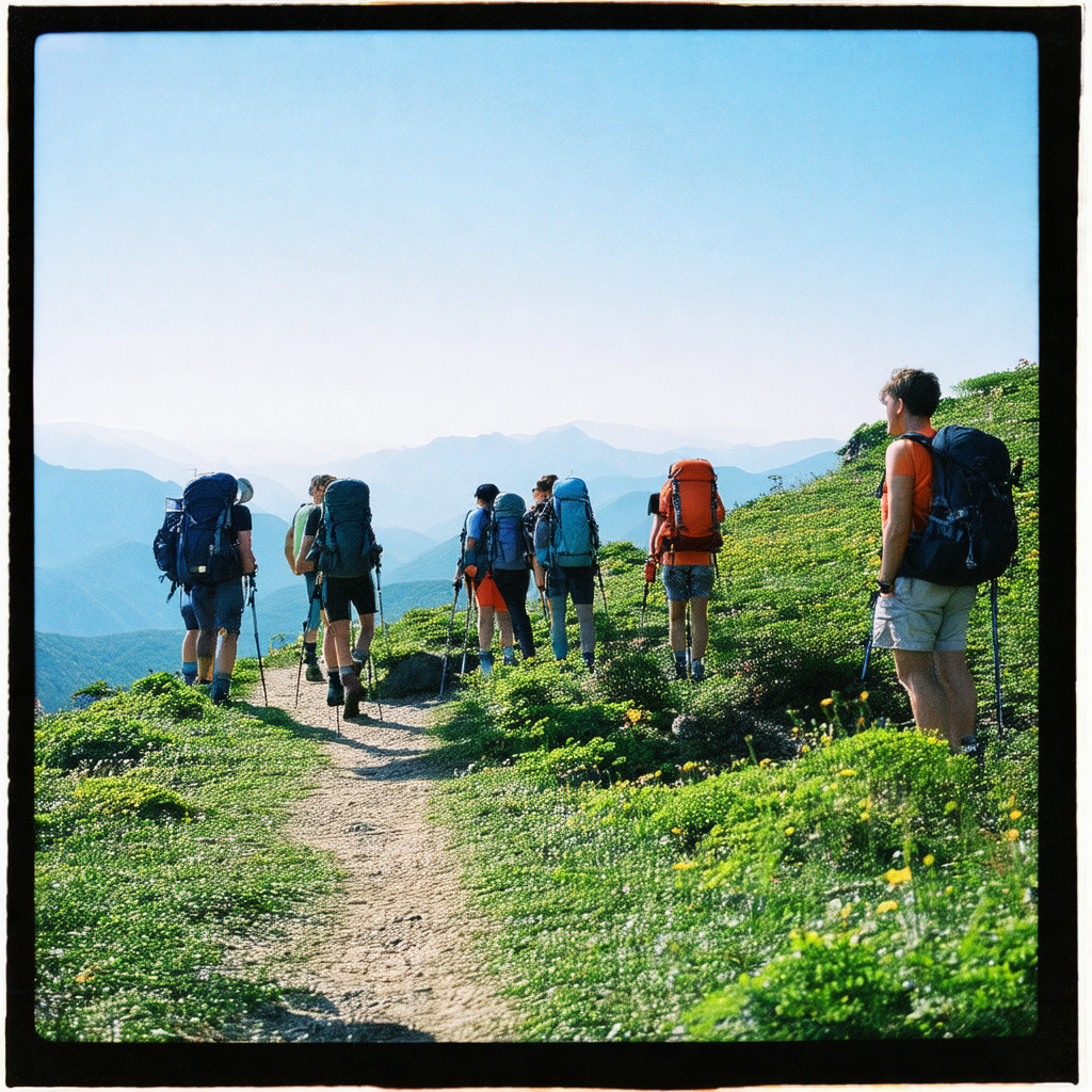 Group of people hiking up a hill, each carrying a backpack