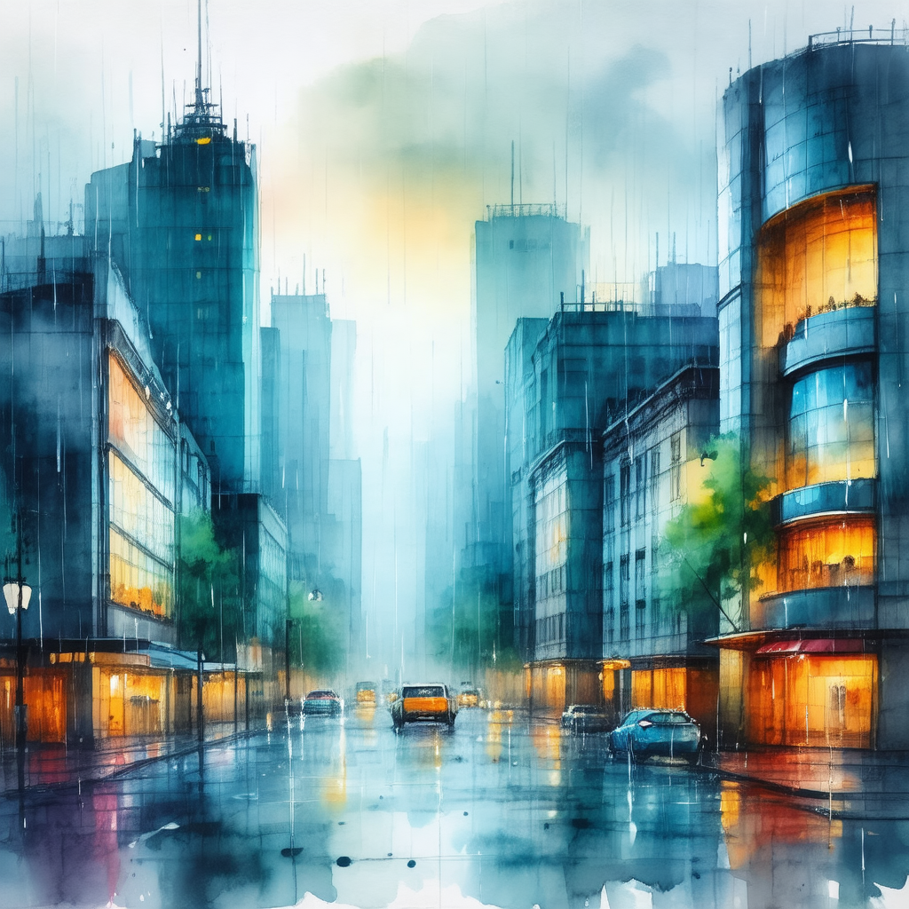 Painting of a city street at night, with a rain-soaked at...