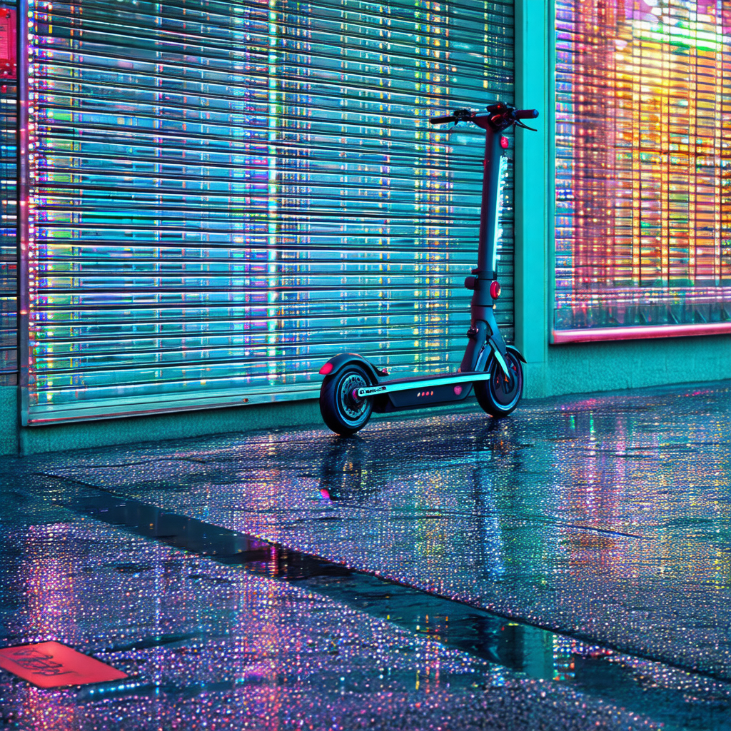 Small, colorful scooter parked on a wet street