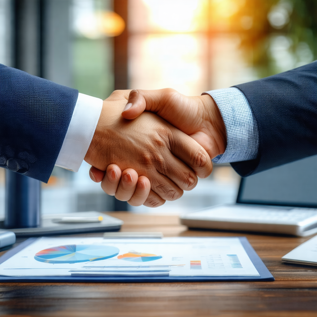 Two men shaking hands in a business setting