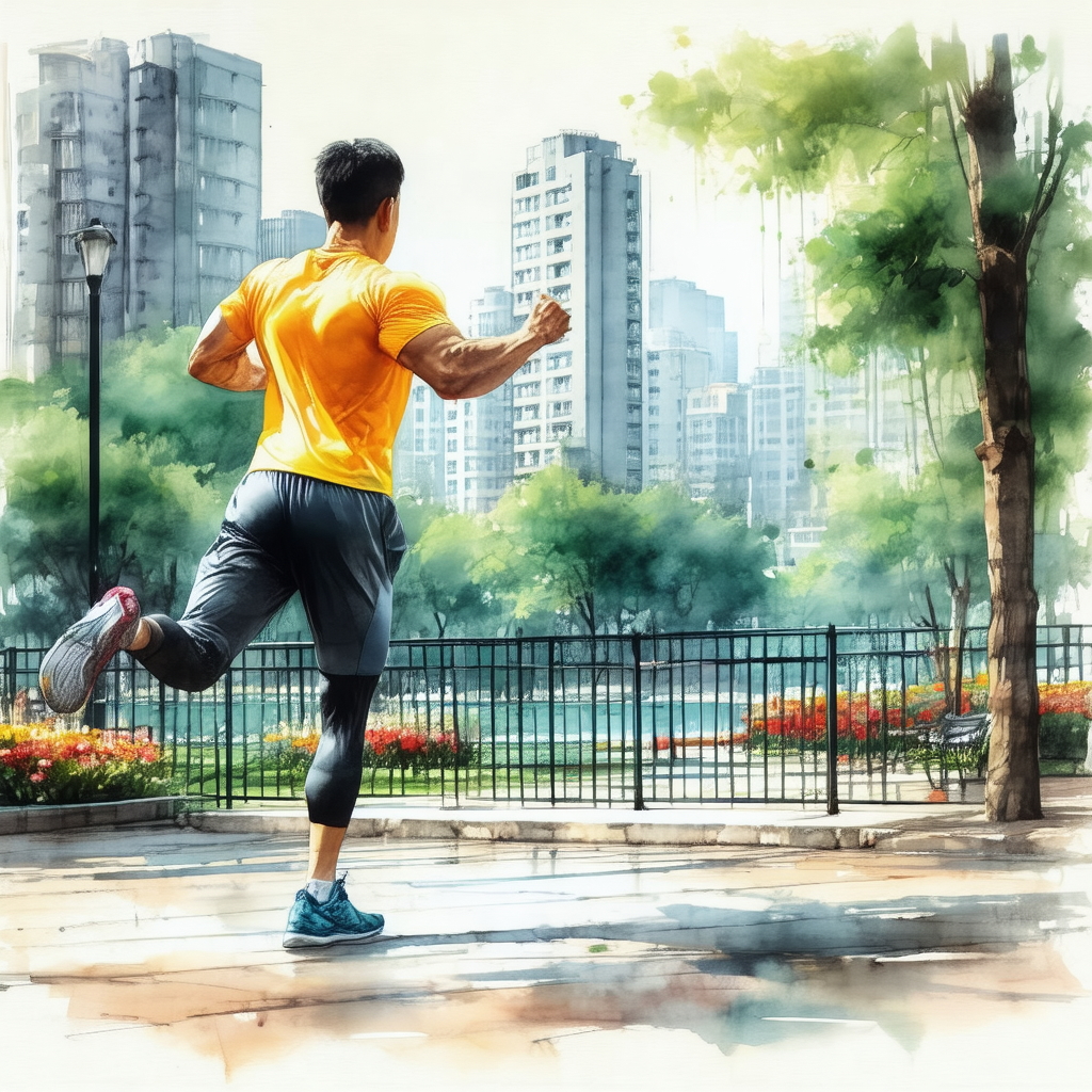 Painting of a man running in a city park