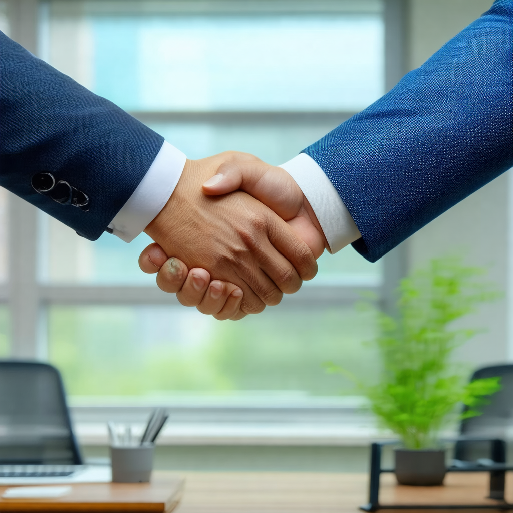 Two men shaking hands in a professional setting