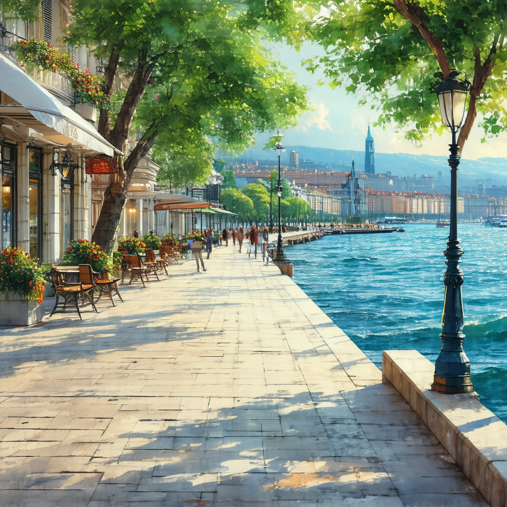 Beautiful waterfront scene with a large body of water, a ...