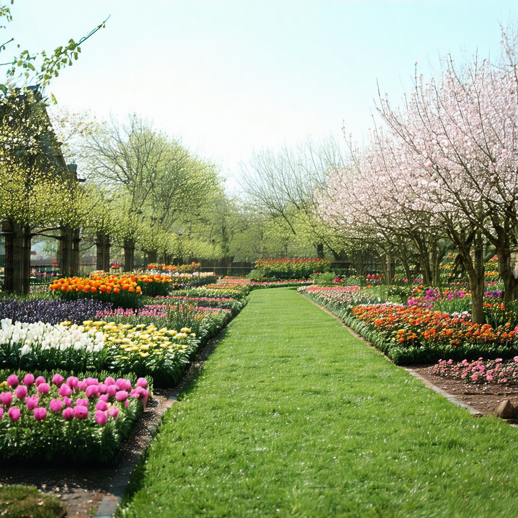 Beautiful garden with a long pathway lined with trees and...