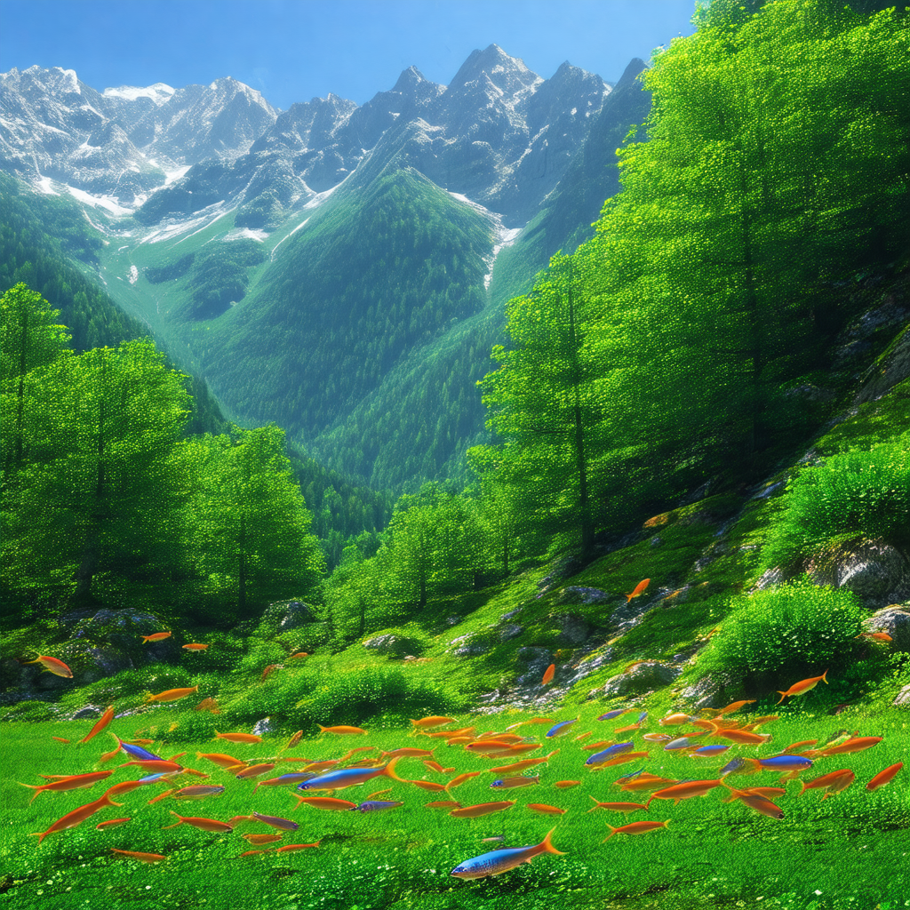 Lush green field with a mountain range in the background