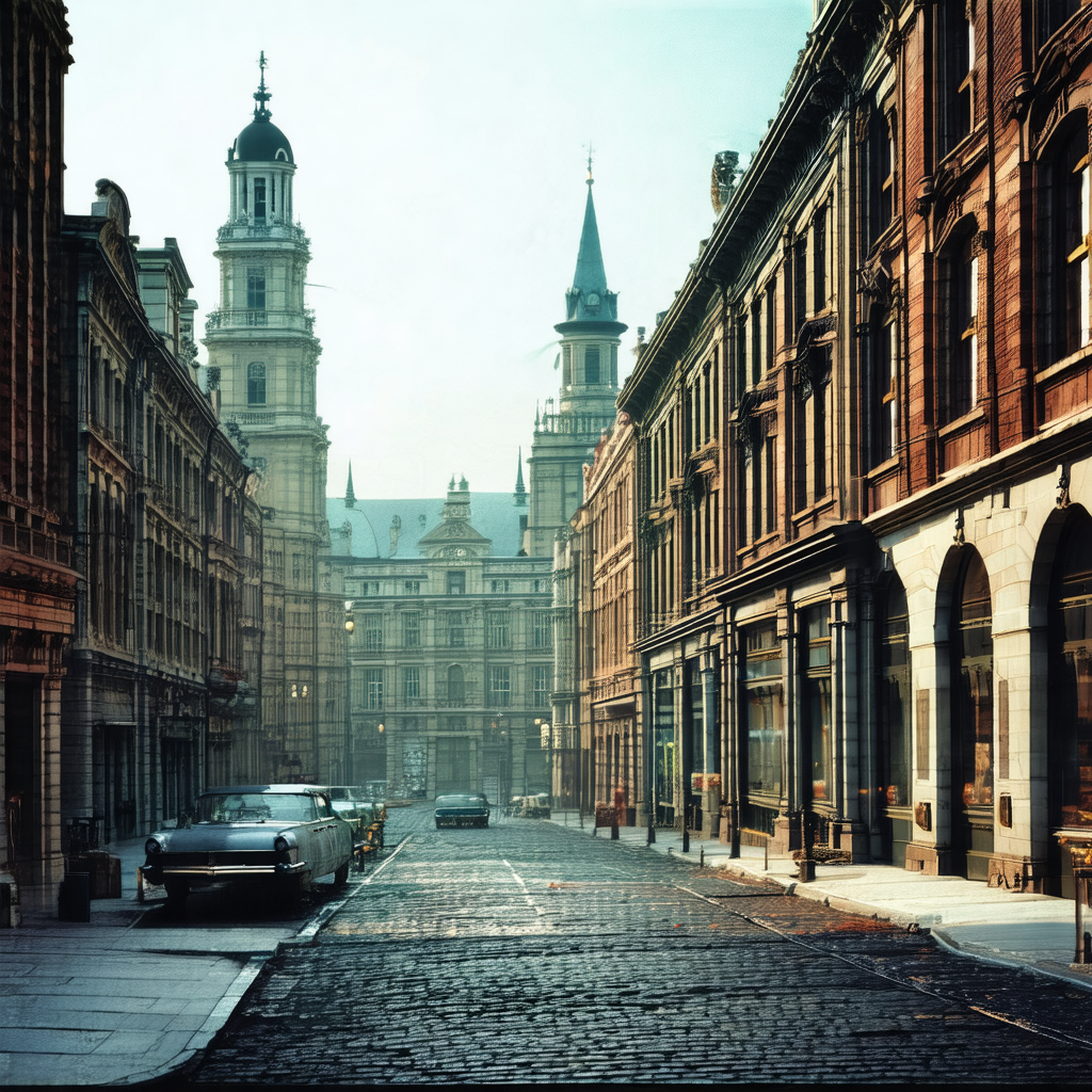 Black and white photo of a city street with a row of old ...
