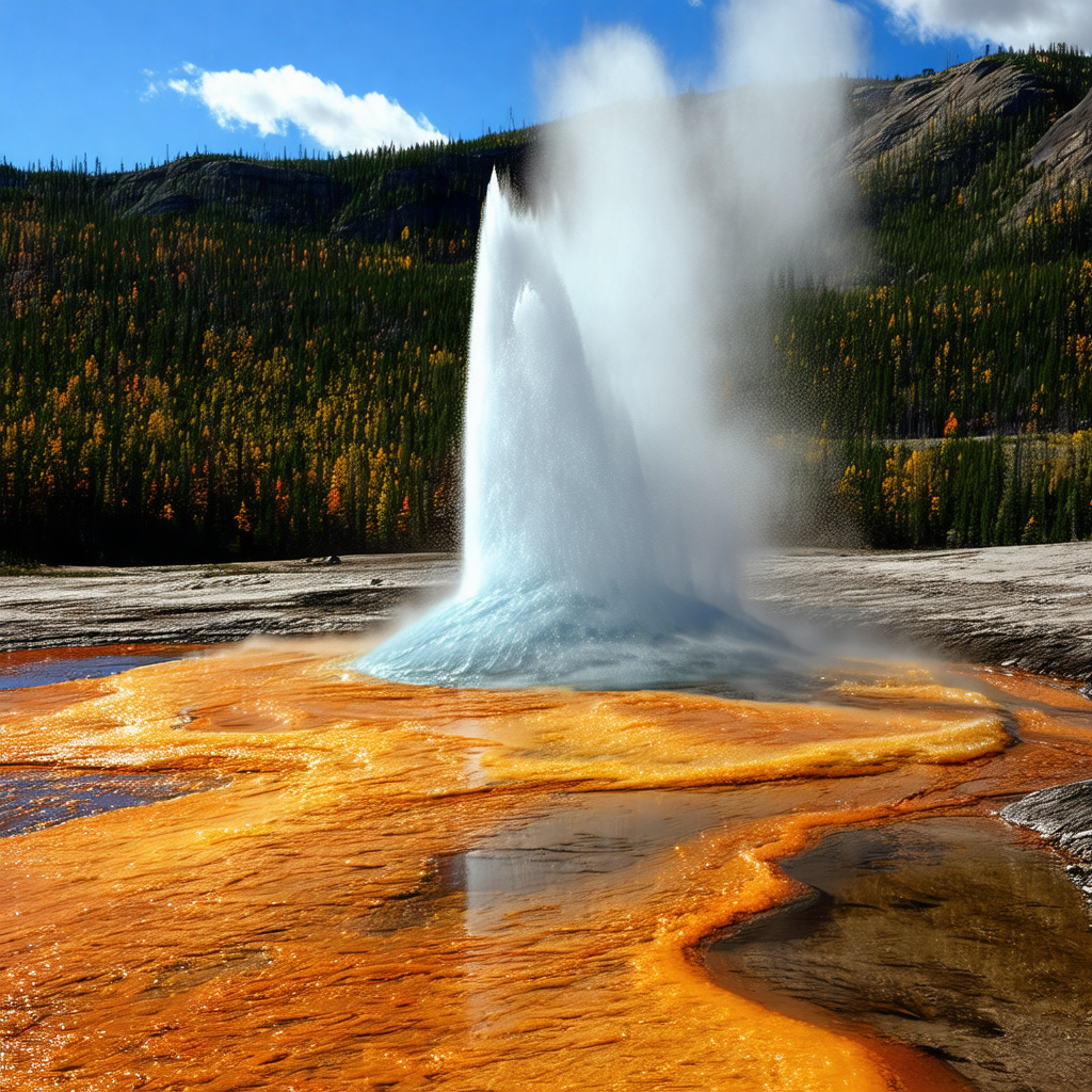 Large, powerful geyser spewing water and steam into the air