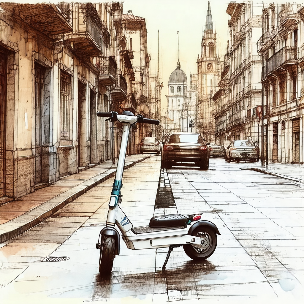 Painting of a city street with a scooter parked on the si...