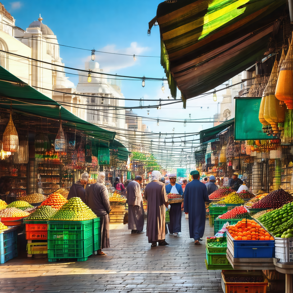 Bustling marketplace with a group of people walking down ...