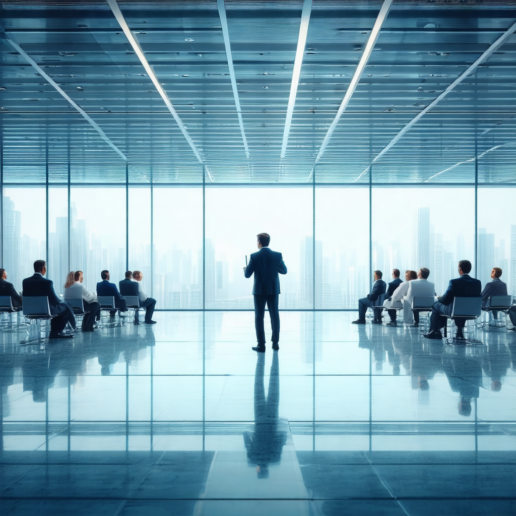 Man standing in a large room, giving a presentation to a ...