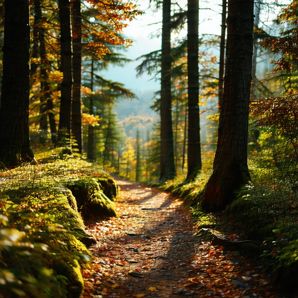 Serene forest scene with a dirt path surrounded by trees