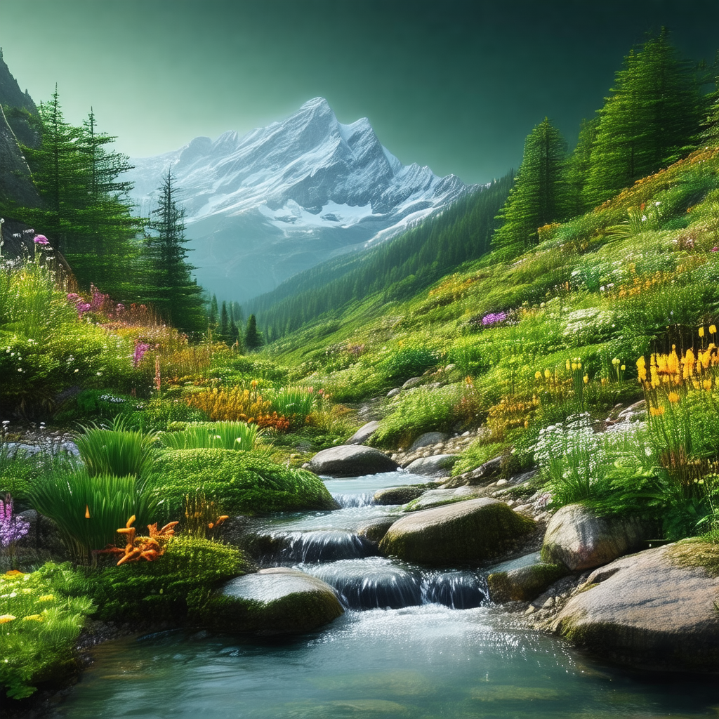 Beautiful scene of a river flowing through a lush green f...