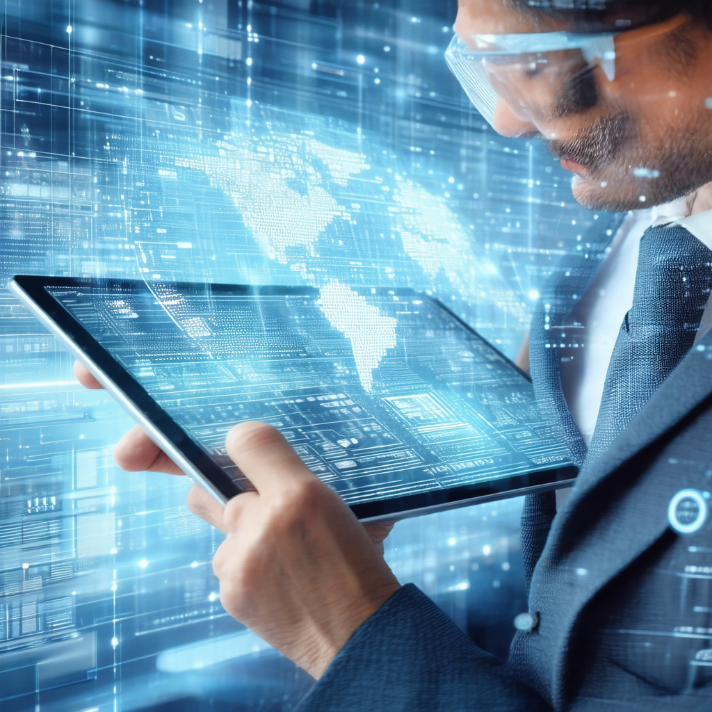 Man wearing a suit and tie, holding a tablet computer in ...