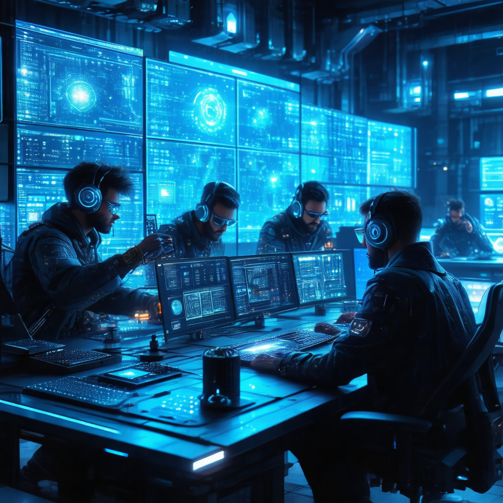 In this futuristic scene, a group of people is working to...