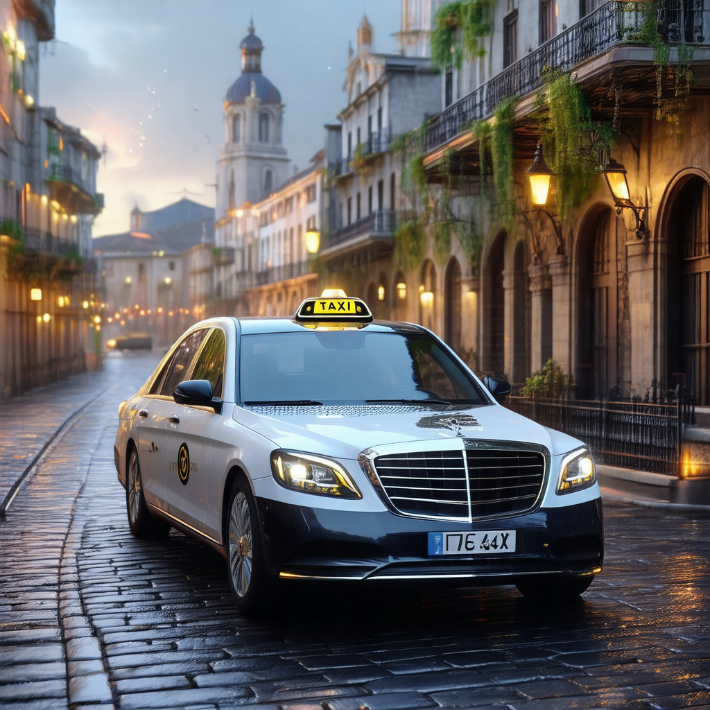 Mercedes benz taxi cab driving down a narrow street in a ...
