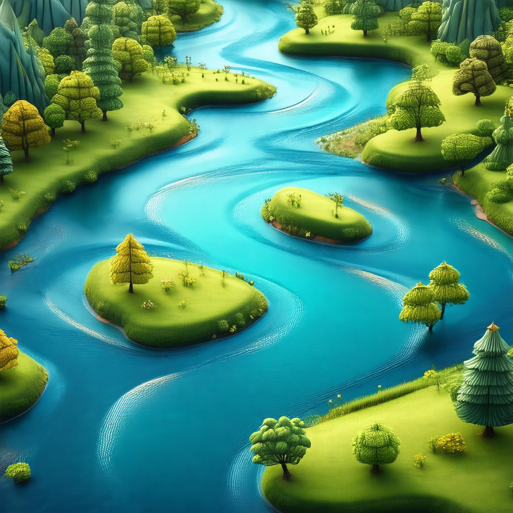 Beautifully drawn cartoon of a river flowing through a lu...