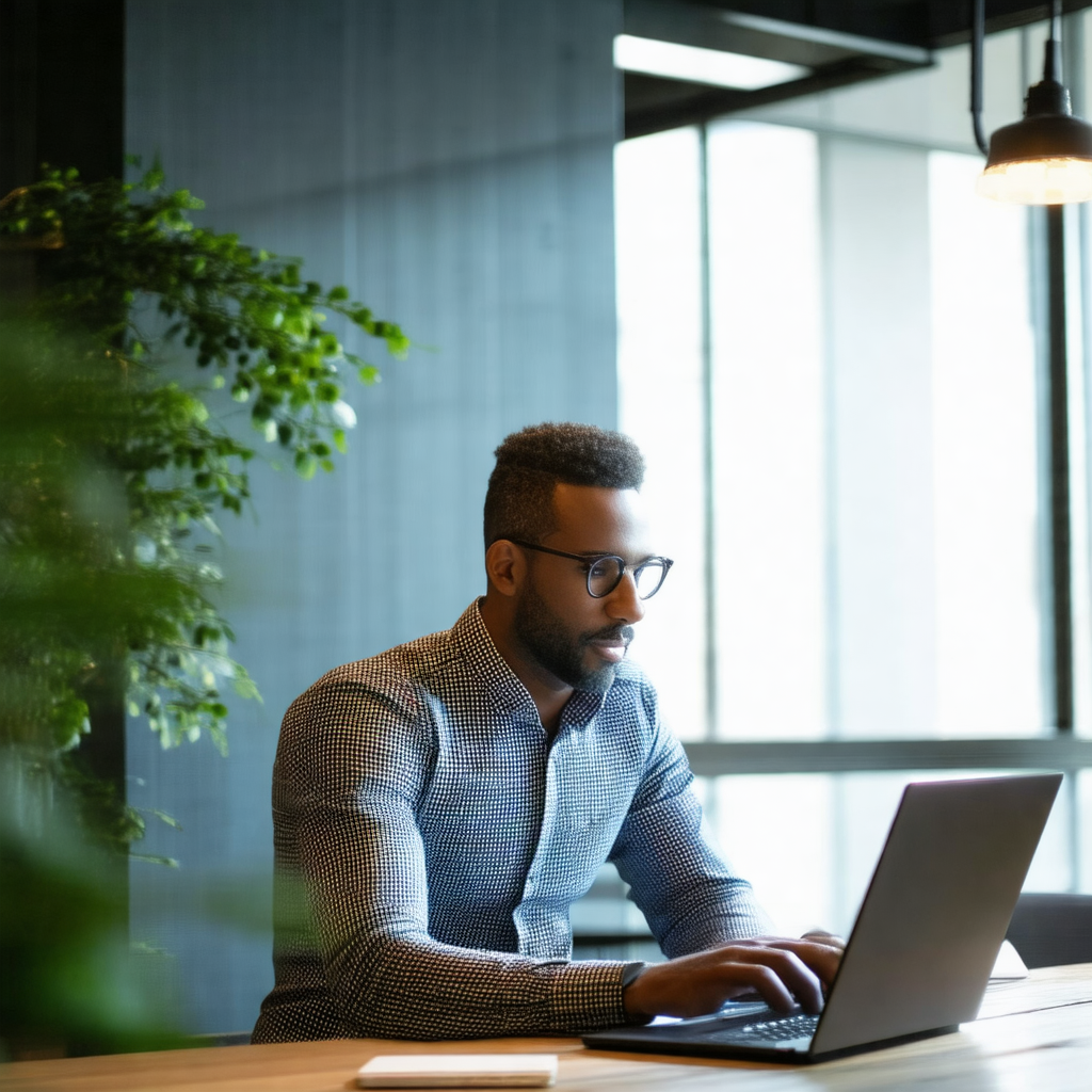 Man sitting at a desk, working on a laptop computer