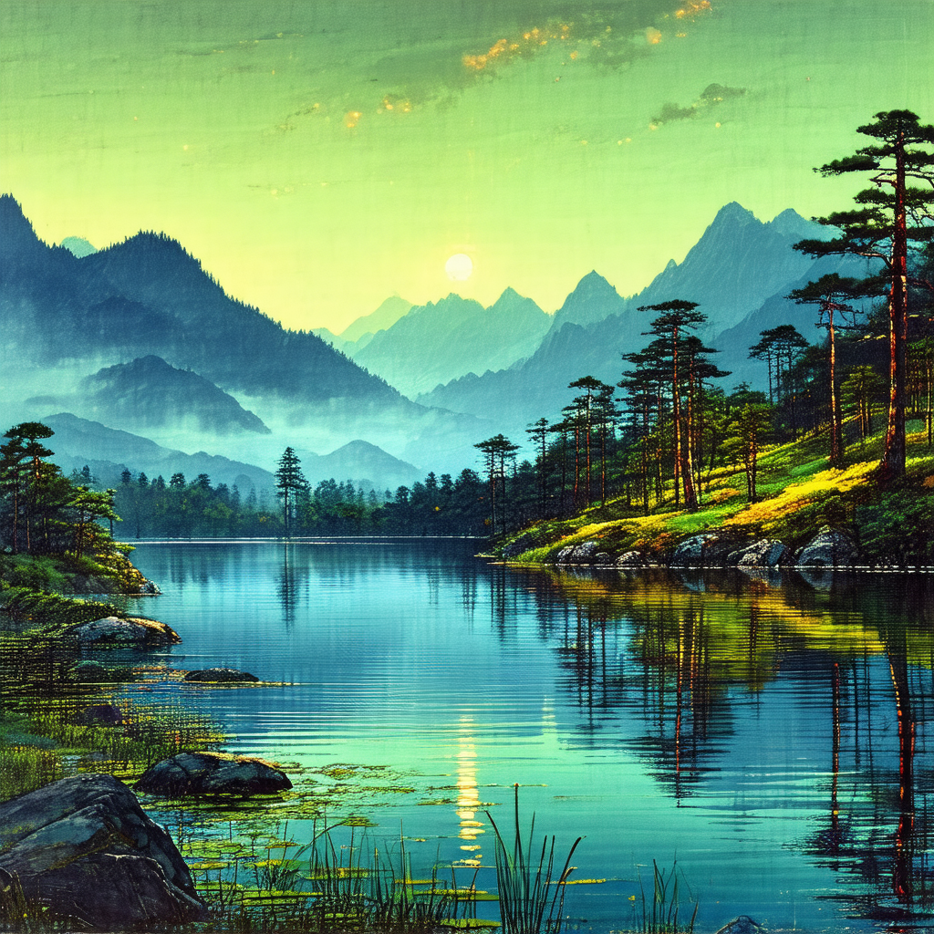 Serene scene of a lake surrounded by mountains