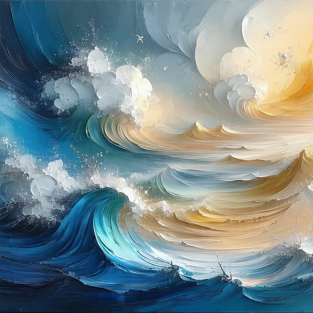 Painting of a large wave crashing into the ocean