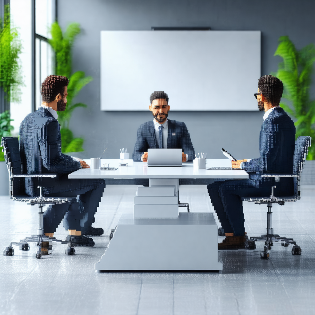 3d computer-generated scene of three men sitting around a...