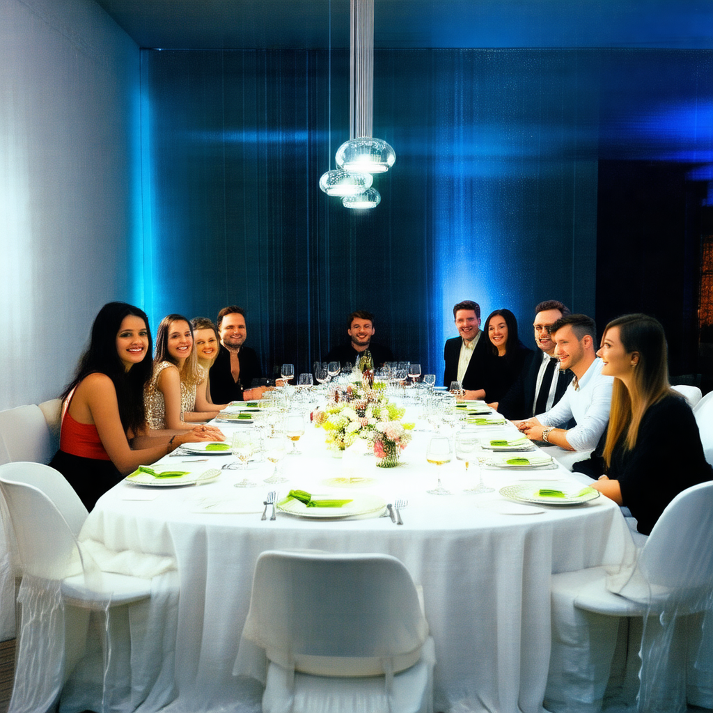 Group of people gathered around a large dining table, enj...