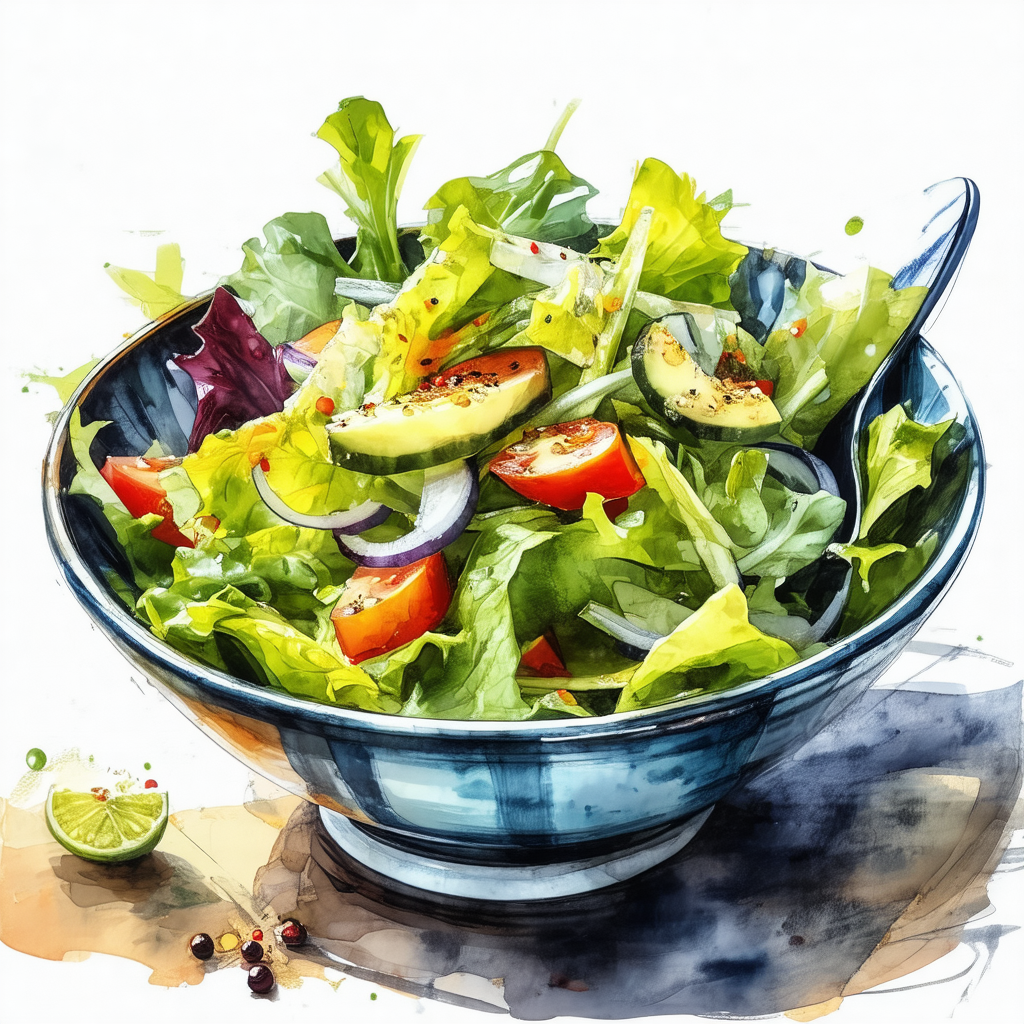 Large bowl filled with a fresh salad, including lettuce, ...