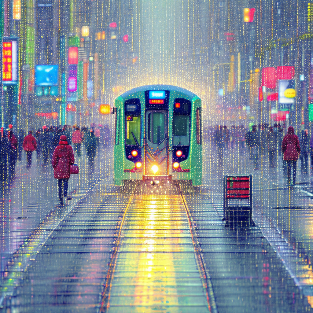 Captures a busy city street at night, with a train travel...