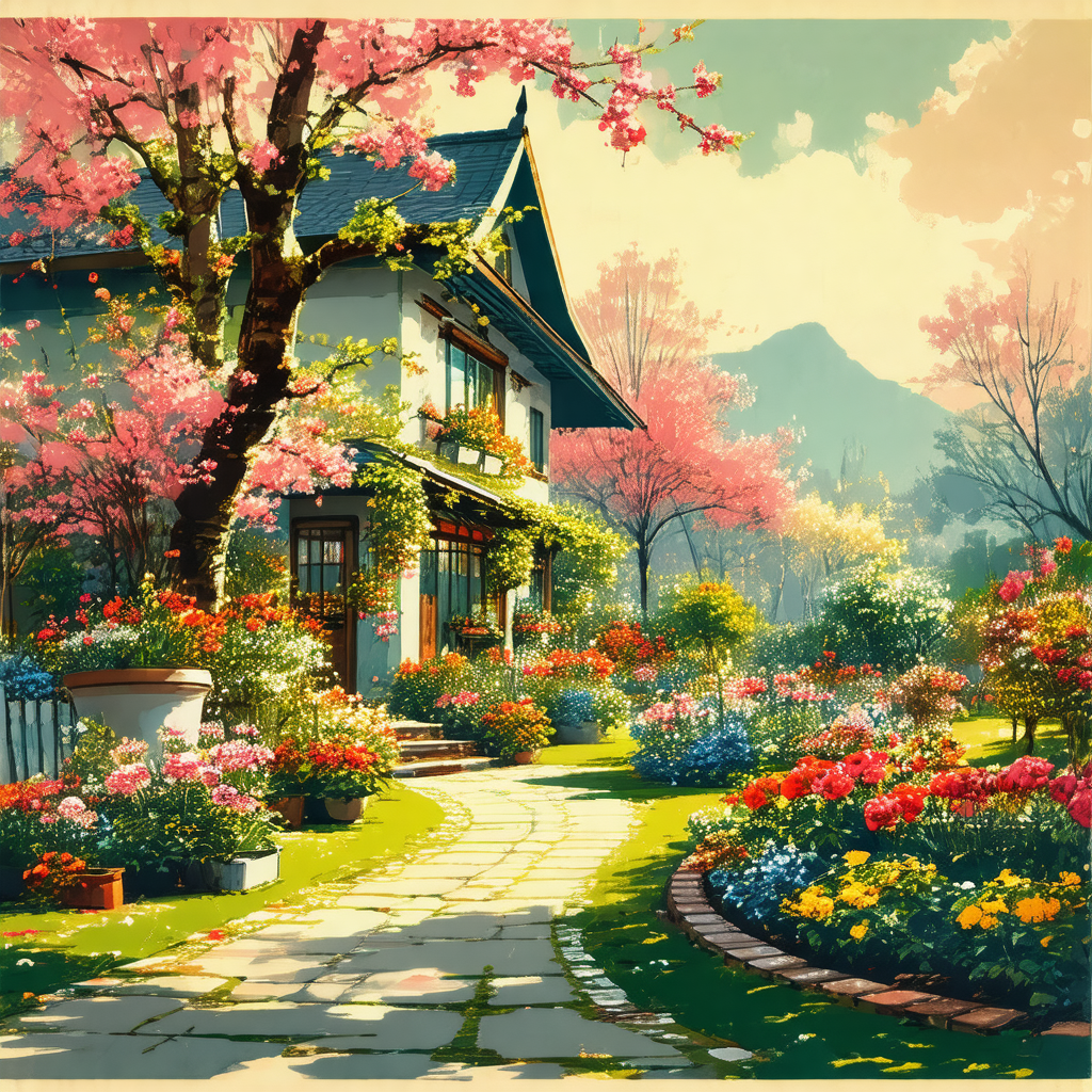 Painting of a beautiful garden with a house in the backgr...