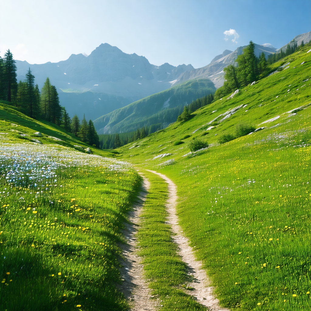 Scenic mountain trail surrounded by lush green grass and ...