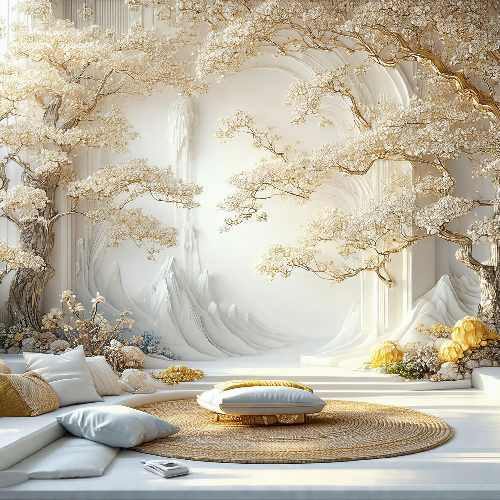 Large, white room with a beautifully decorated tree in th...