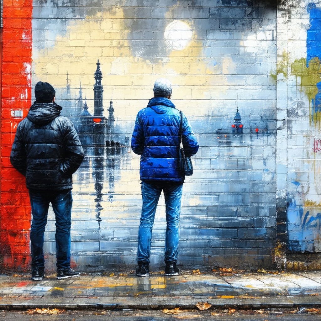 Two men standing on a sidewalk, looking at a mural painte...