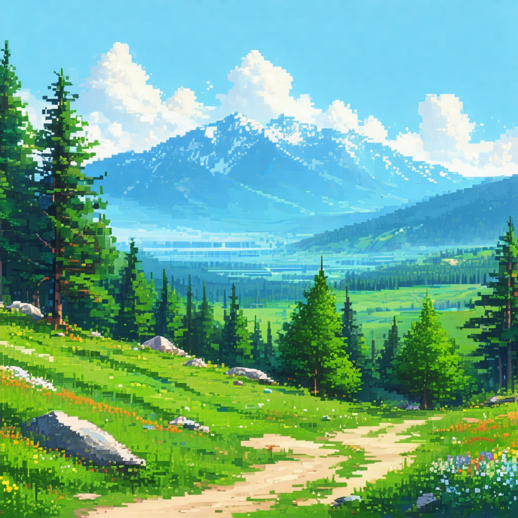 Colorful painting of a mountainous landscape with a dirt ...