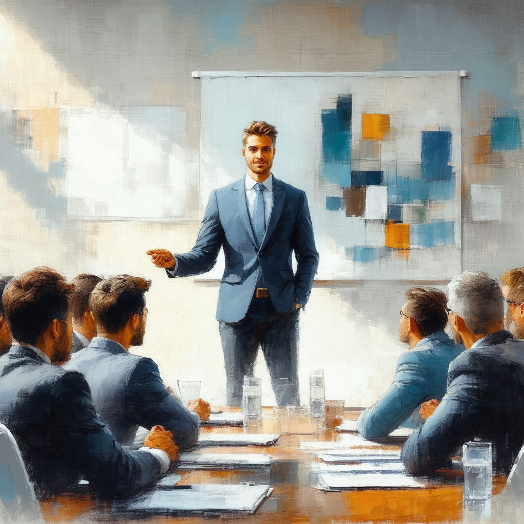Man in a suit standing in front of a group of people, pos...