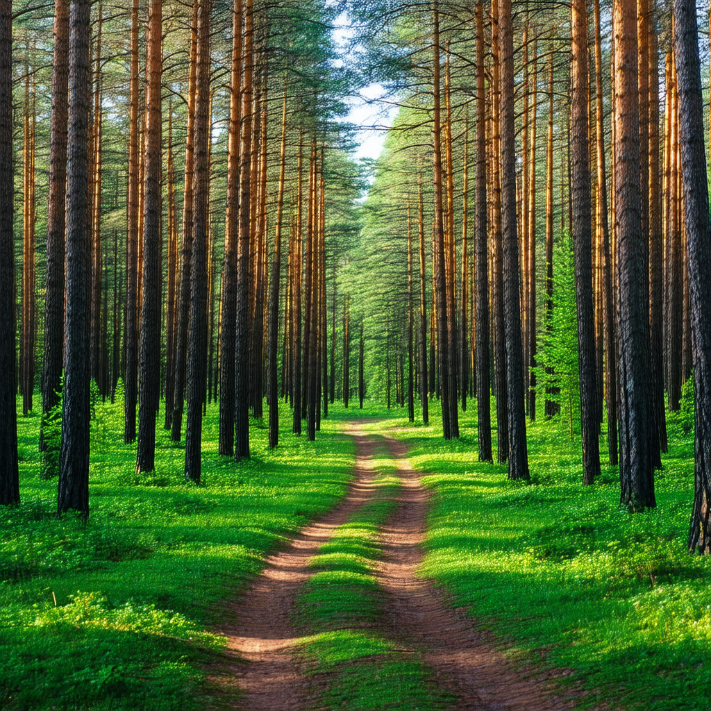 Lush green forest with a dirt road running through it