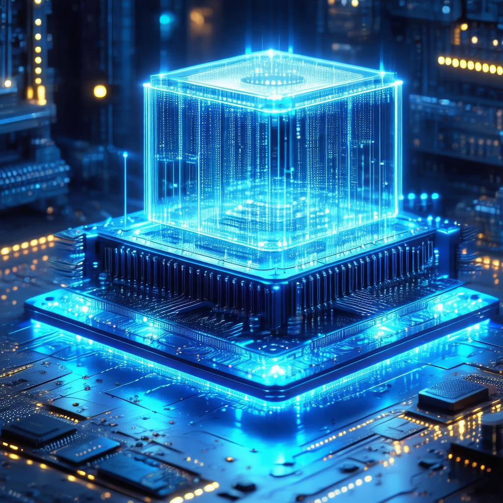 Futuristic computer with a blue glow, resembling a blue cube