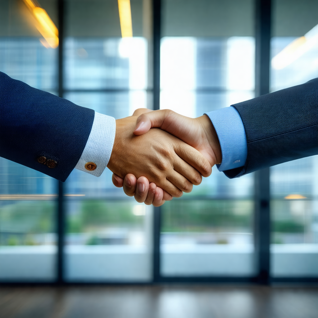 Two men shaking hands in a professional setting