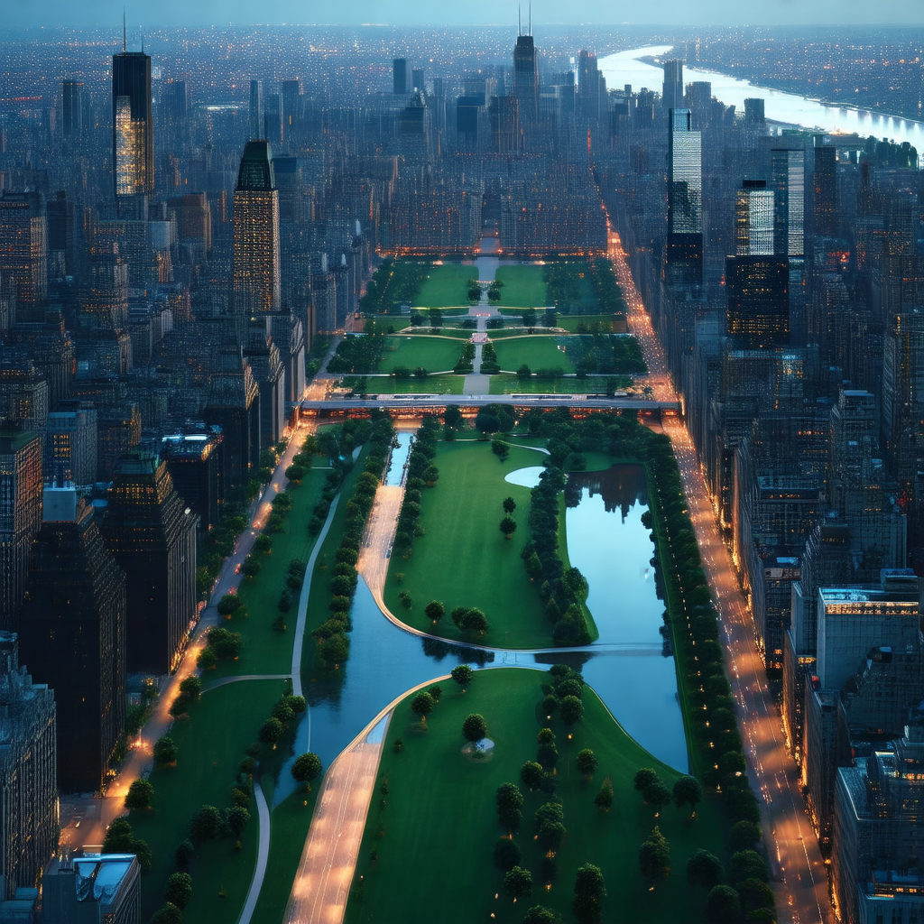 Nighttime view of a city park with a large body of water,...