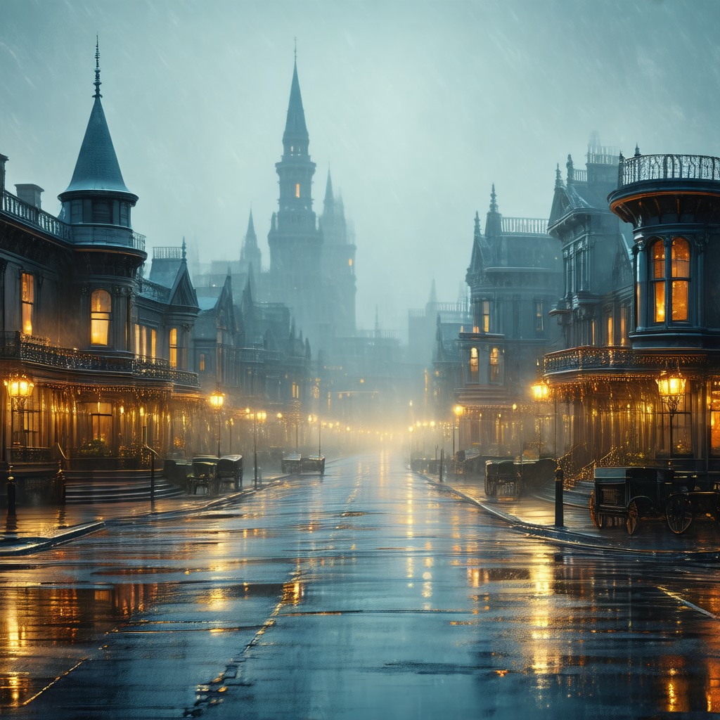 Black and white painting of a city street at night