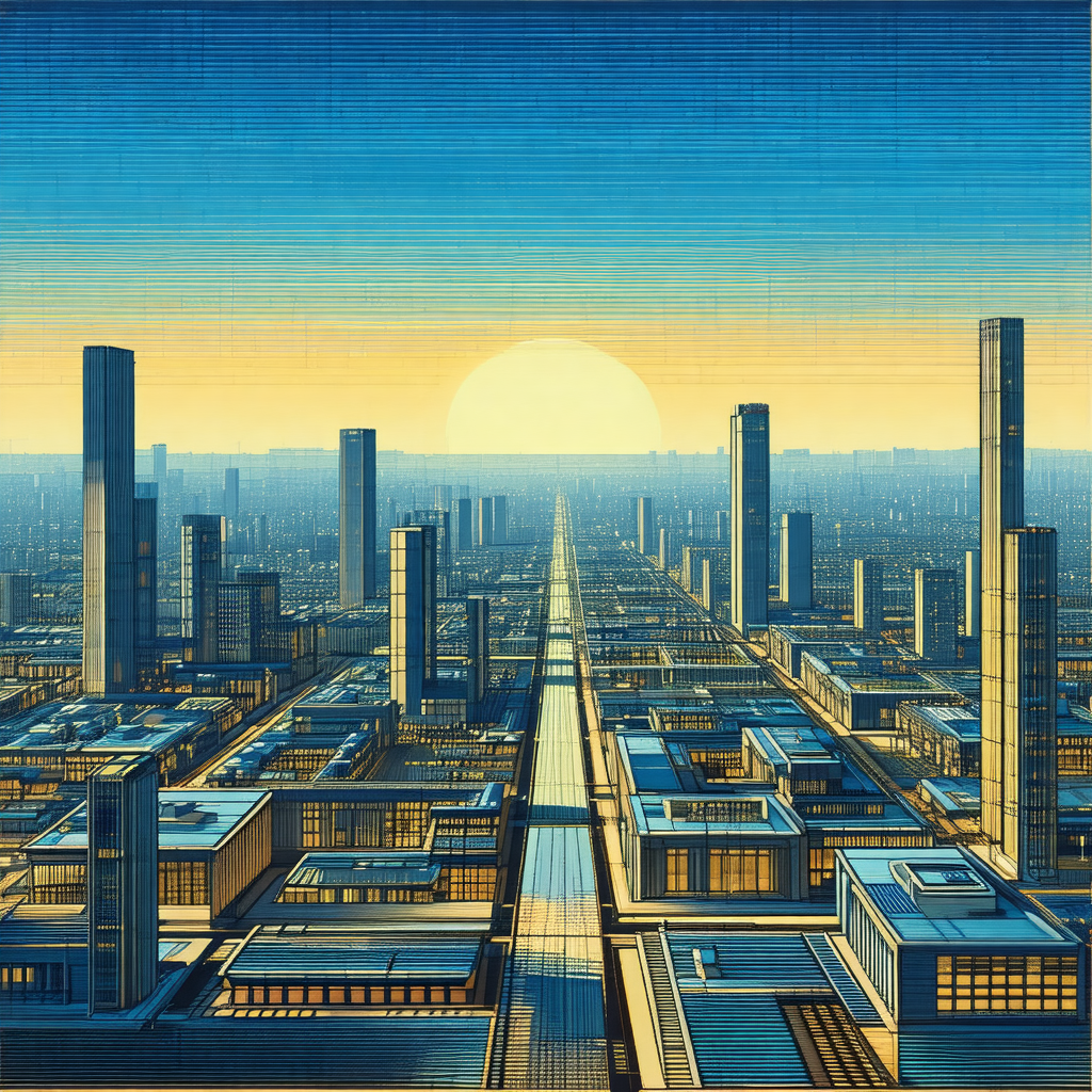 Painting of a cityscape at sunset
