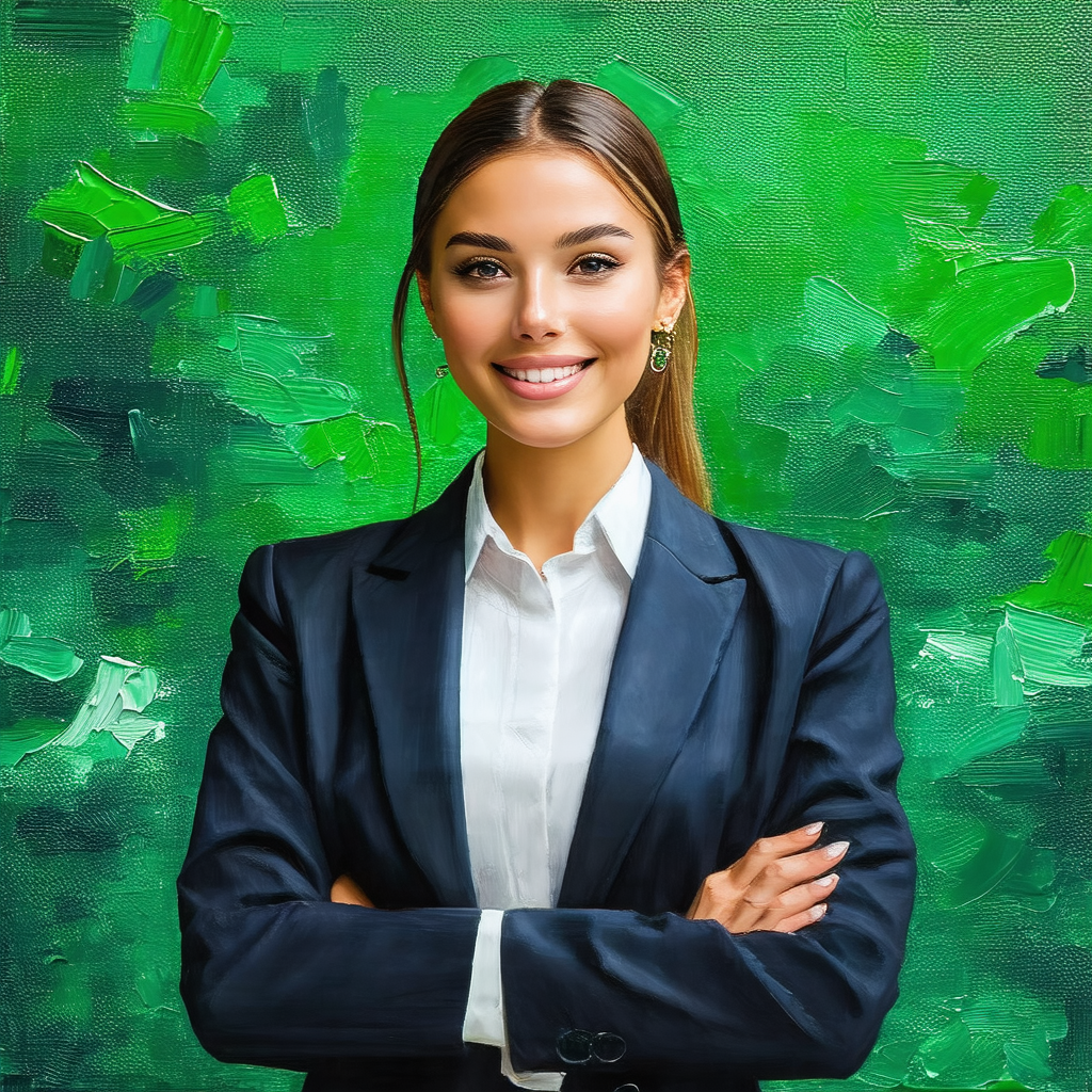 Woman wearing a suit and tie, standing in front of a gree...
