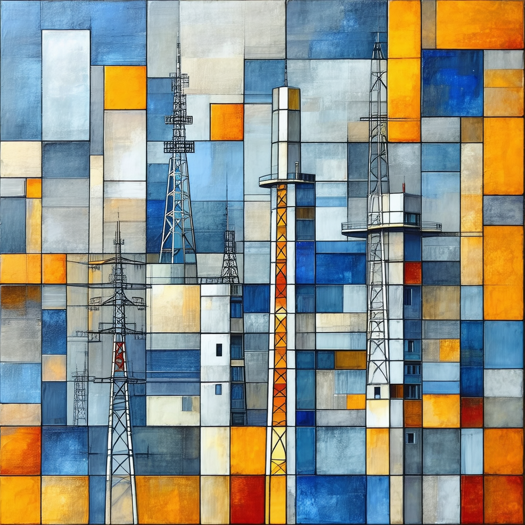 Painting of three tall towers, each with a different color
